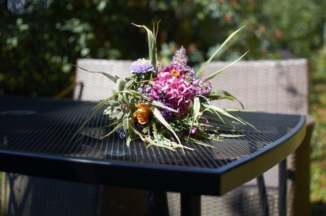 Hortenzie, letní astry, ostálky, šalvěj, lesknice a růže.