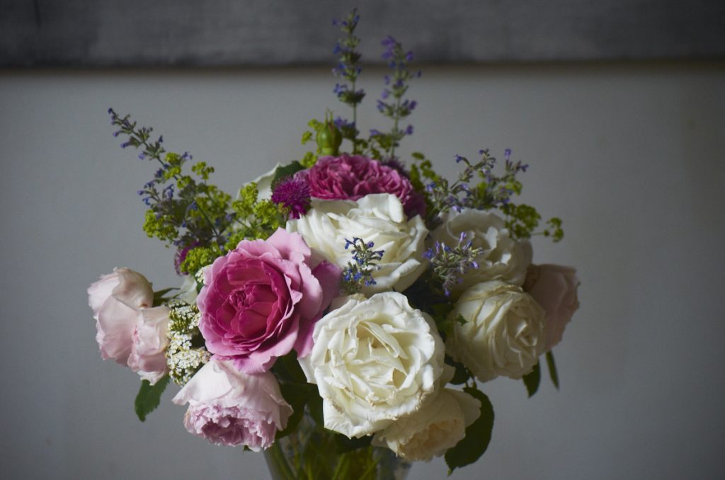 Volná květinová vazba z bílých růží Frau Karl Druschki, anglických růží Princess Alexandra of Kent a Wedgwood rose, doplněné šantou, kontryhelem a chrastavcem